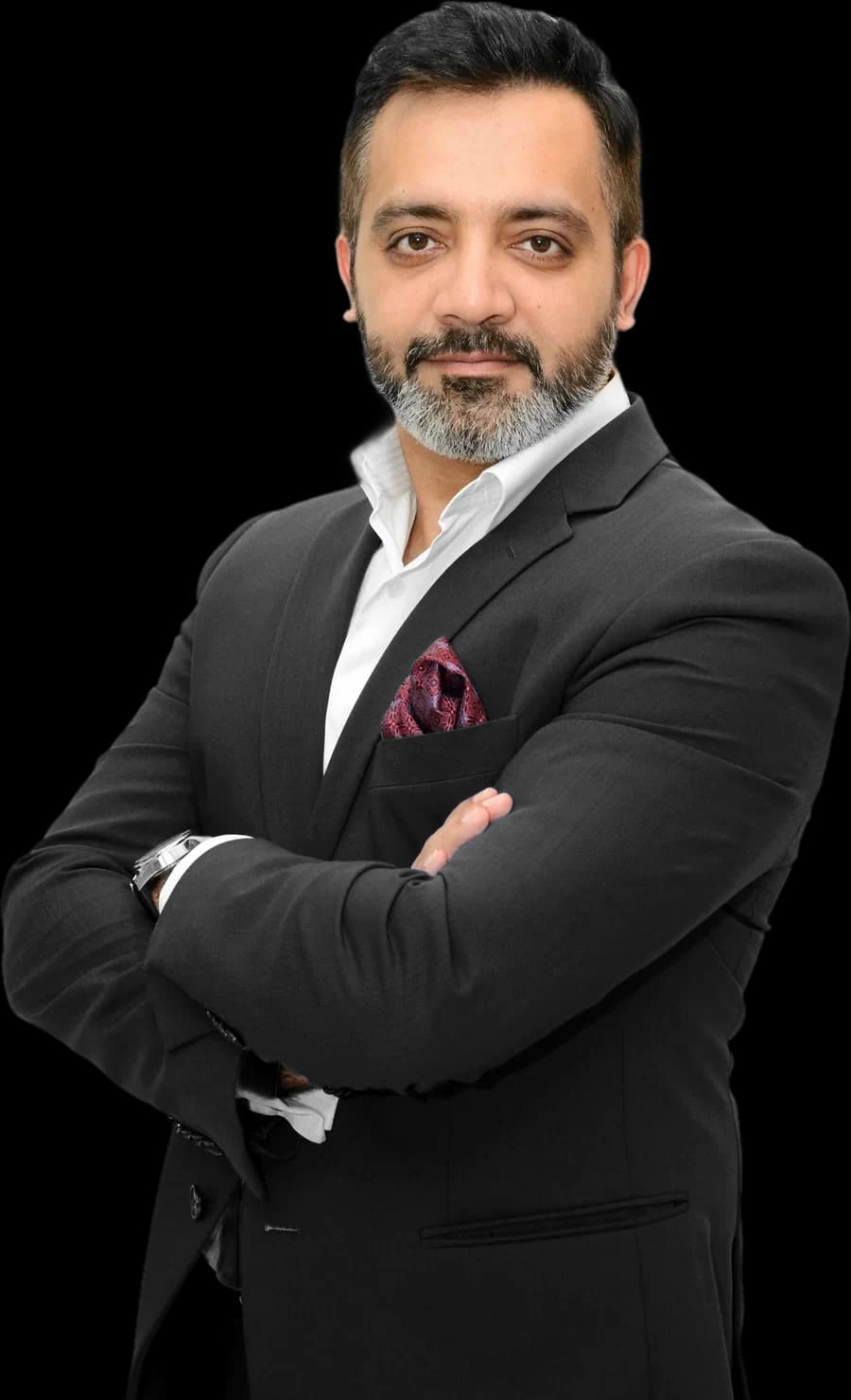 Bimal Lulla in a suit, arms crossed